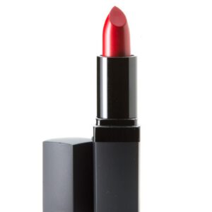 A sleek red lipstick with black casing, perfect for beauty and fashion themes.
