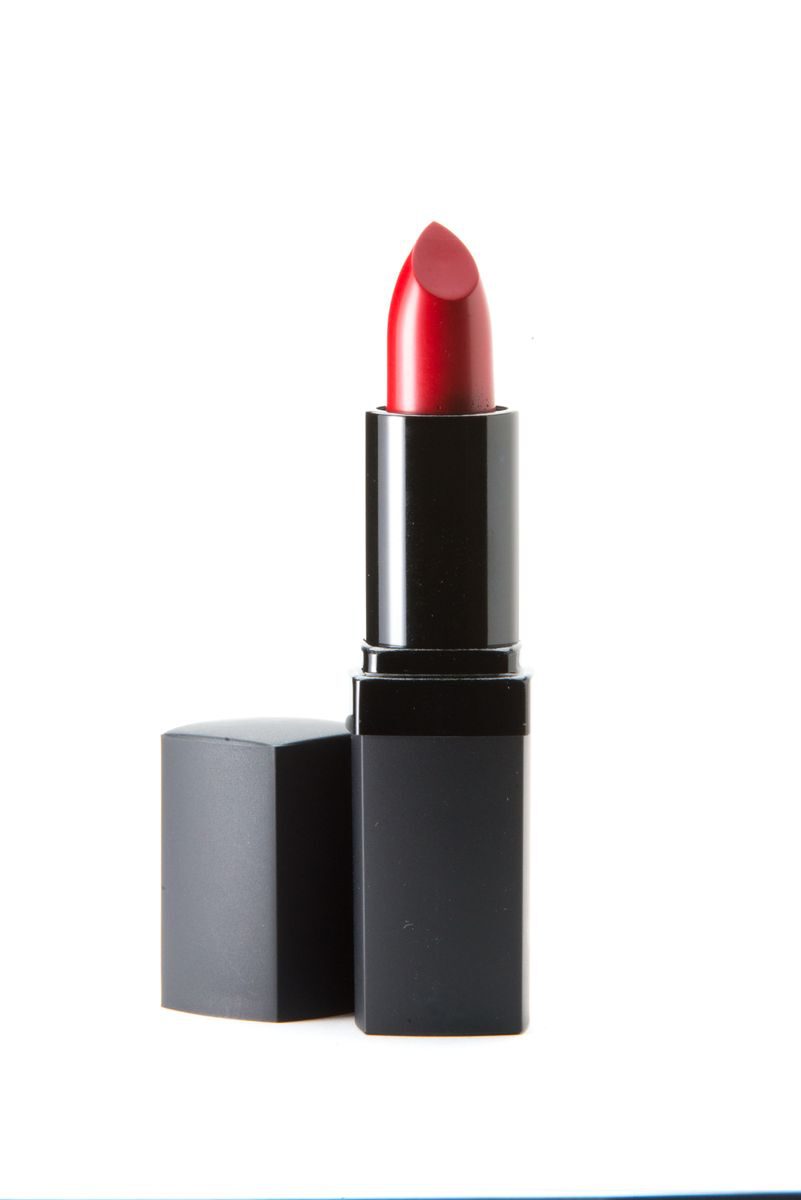A sleek red lipstick with black casing, perfect for beauty and fashion themes.