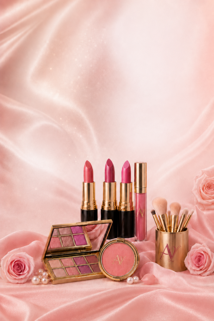 background with soft fabric, pink roses and sample cosmetics products
